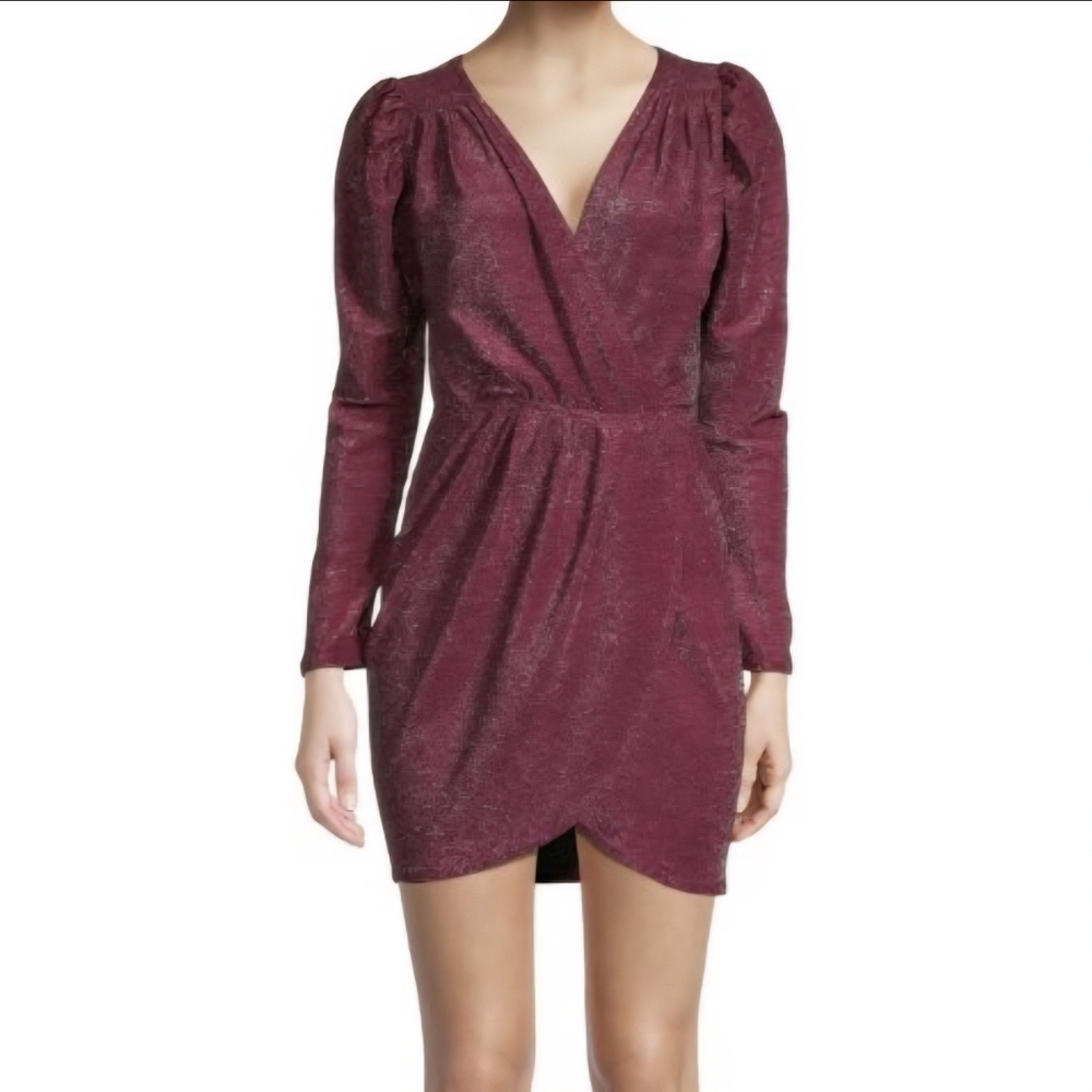 THE‎ FASHION POET Glitter Wrap Dress Sz XL Wine Silver Ruched Holiday Glam Party